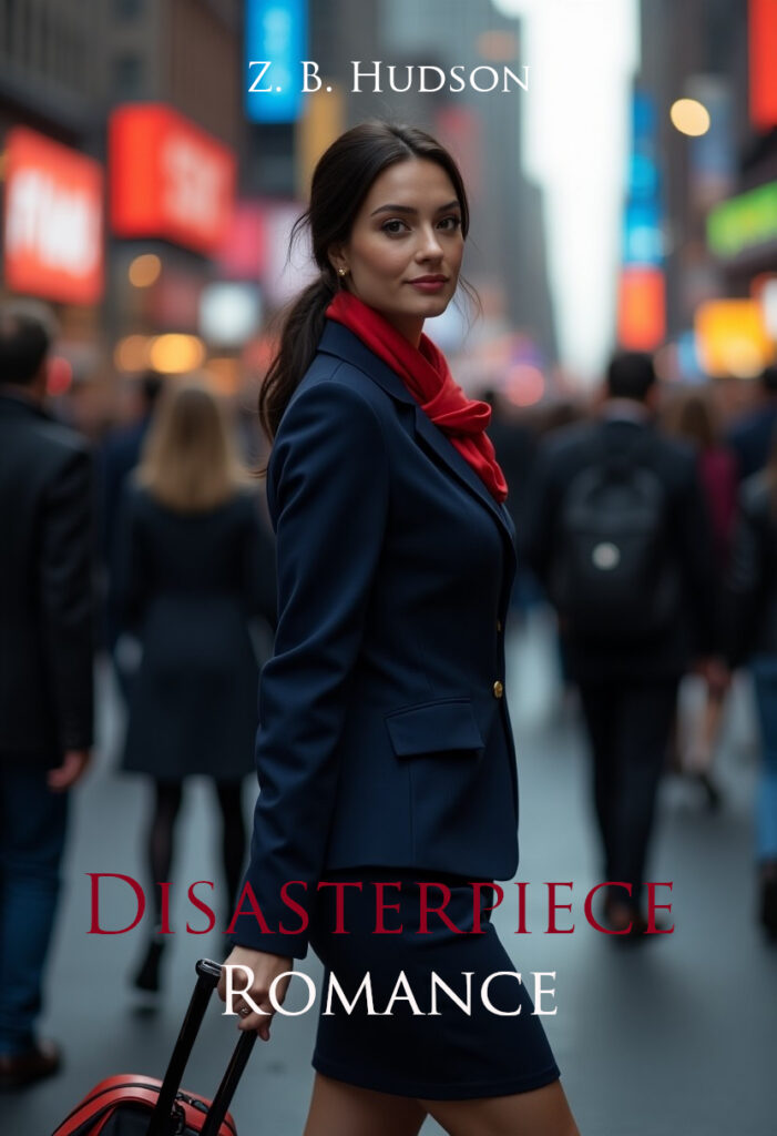 flight attendant in dark blue uniform with red scarf smiling, walking in a busy New York street downtown