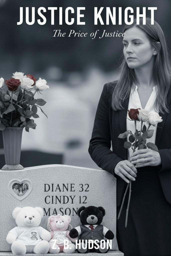 grieving woman by a grave with roses in her hands and teddy bears on the grave