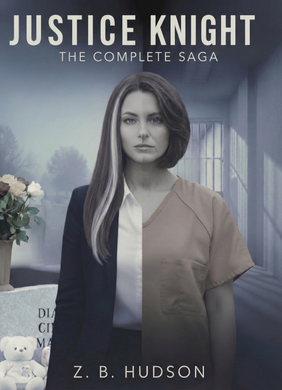 Book cover for Justice Knight: The Complete Saga by Z. B. Hudson. The cover features a split portrait of a woman. On the left, she is younger with long ash-blonde hair and a white streak, wearing a professional suit against a misty cemetery background with a tombstone and teddy bear. On the right, she is older with a bob haircut, wearing an orange prisoner jumpsuit against a background of prison bars and a hallway.