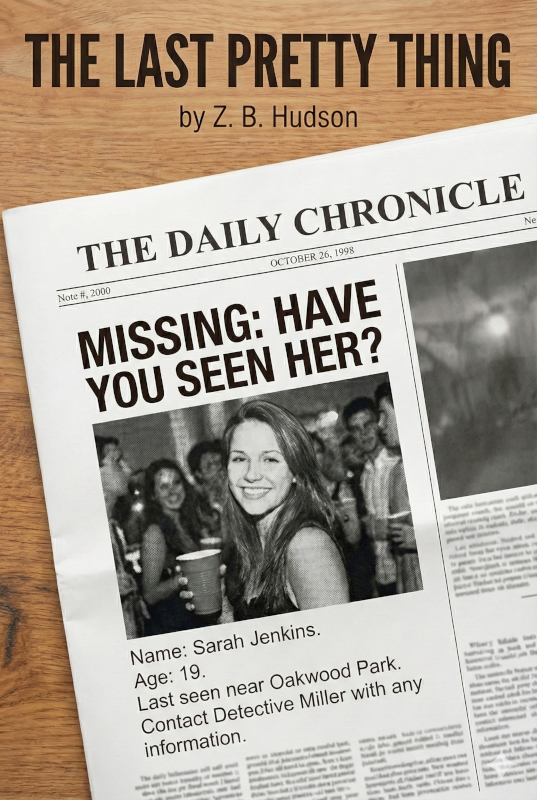 "Book cover for 'The Last Pretty Thing' by Z. B. Hudson. The image features a weathered newspaper clipping from The Daily Chronicle with the headline 'MISSING: HAVE YOU SEEN HER?' dominating the page. Below it is a grainy, black-and-white photo of Sarah Jenkins, age 19, smiling at a party, unaware of her fate. The text urges readers to 'Contact Detective Miller,' creating a stark contrast between the happy image and the grim reality."