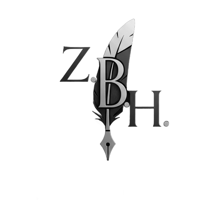 Z.B. Hudson author logo featuring the initials Z.B.H. intertwined with a classic feather quill pen.